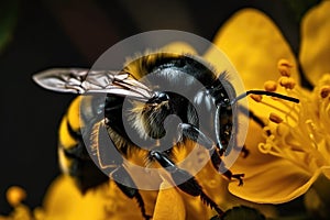 Image of honey bee sucking nectar on a yellow flower on natural background. Insect. Generative ai