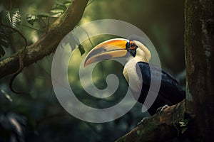 Image of hornbill standing on a branch in the forest on natural background. Wild Animals. Bird. illustration. Generative AI