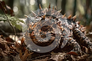 Image of horned lizards in the forest. Reptile. Illustration. Generative AI