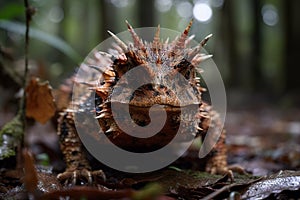 Image of horned lizards in the forest. Reptile. Illustration. Generative AI