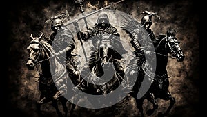 Image of the Horsemen of the Apocalypse, Christian symbols representing death, war, famine and pestilence. Iconic and evocative,