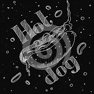 The image hot dog in the style chalk on the blackboard with lettering `Hot dog`.