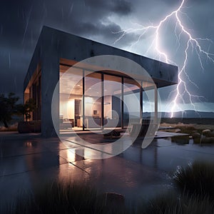 Image of a house firing out lightning and thunder from the massive amount of electricity stored within. Modern house with Spanish