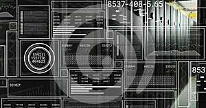 Image of hud screens with numbers, graphs and shapes over data server racks