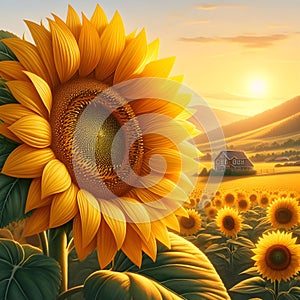 image of huge yellow petals sunflower facing towards the sky from afar see a tiny farmhouse in Sandra Boynton style.