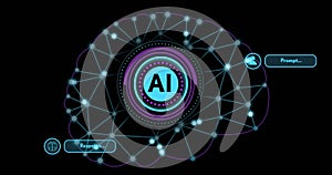 Image of human brain and ai data processing over black background