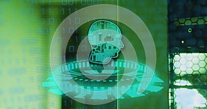 Image of human brain, binary coding data processing over computer servers