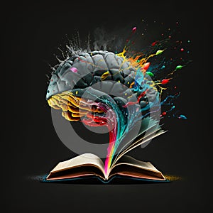 Image of human brain in colorful splashes levitating over an open book. Mental health psychology learning education
