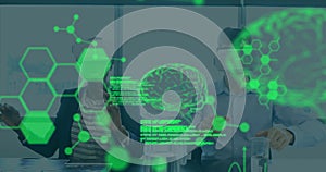 Image of human brain and medical data processing over people wearing vr headsets