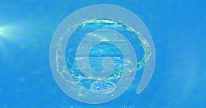 Image of human brain spinning and medical data processing on blue background