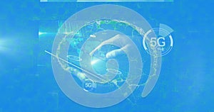 Image of human brain spinning and medical data processing on blue background