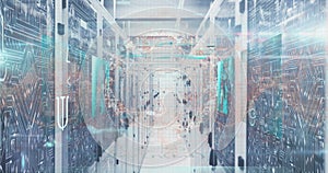Image of human brain spinning and microprocessor connections over computer server room