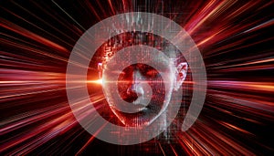 An image of a human face in the form of a hologram with pixels emitting dark red light.