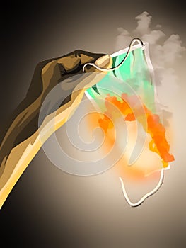 image of a human hand holding a burning mask.