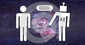 Image of human representation and ai text in robot, binary codes in speech bubble over brain