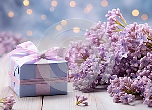 Image of hydrangeas with gift box on blue bokeh background