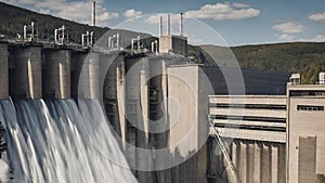 Image of a hydro electric power plant camera angle facing front in extreme zoom out looking in art photography generative ai