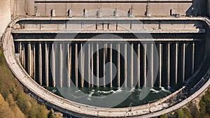 Image of a hydro electric power plant camera angle facing front in extreme zoom out looking in art photography generative ai