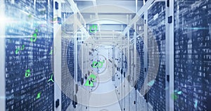 Image of icon in circles over binary codes on data server racks in server room