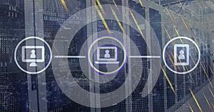 Image of icons connected with lines over falling abstract patterns against server racks