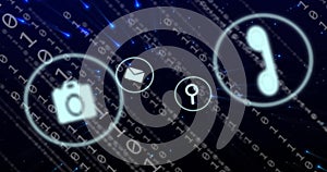Image of icons with connections and binary coding over dark background