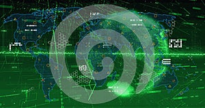 Image of icons, data, globe and world map on green background