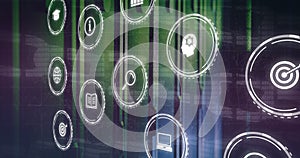 Image of icons and data processing with connections over computer server