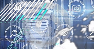Image of icons and data processing with connections over computer server