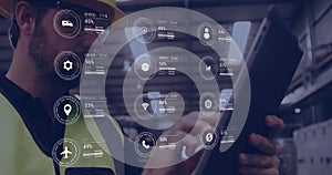 Image of icons and data processing over caucasian man working in warehouse