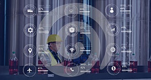 Image of icons and data processing over caucasian man working in warehouse