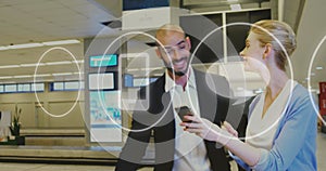 Image of icons and data processing over diverse business people in office