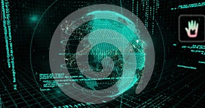 Image of icons globe rotating over binary codes and programming language
