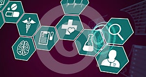 Image of icons with medical data processing over dark background