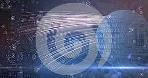 Image of icons over globe with binary code in navy space