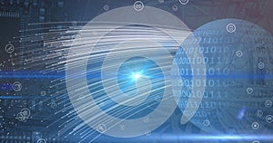 Image of icons over globe with binary code in navy space