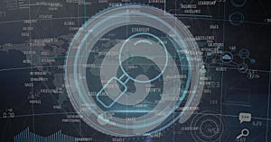 Image of icons with world map and data processing on black background