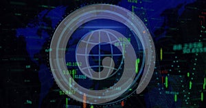 Image of icons with world map and data processing on black background