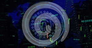 Image of icons with world map and data processing on black background