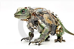 Image of an iguana modified into an electronics robot on a white background. Reptile. Animals. Illustration, Generative AI