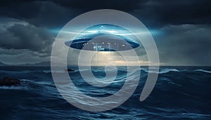 image of an illuminated UFO spaceship hovering over a stormy ocean. Generative ai