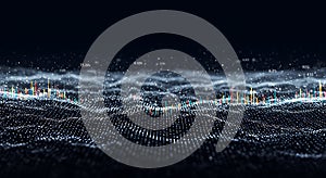 Futuristic digital data wave with bar charts