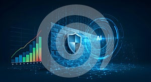 AI Security and Data Protection with Digital Firewall Shield, Binary Code, and Growth Chart in a Futuristic Cybersecurity