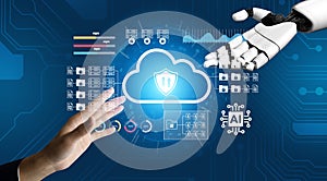 Futuristic Concept of Artificial Intelligence and Data Security with Human Hand Reaching for Cloud Technology in Digital