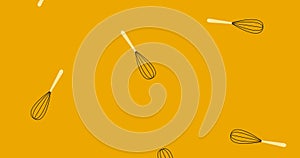 Image of illustration of black and cream egg whisks falling on yellow background