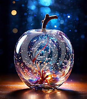 A crystal apple glowing with an inner light, illustration