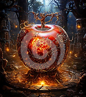 An enchanted apple surrounded by hovering runes, illustration