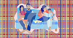 Image of illustration of happy family sitting on couch using laptop and reading book