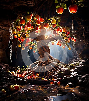 A magical apple tree growing inside of a cavern, illustration
