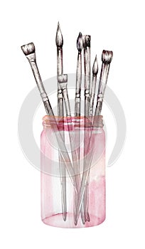 An image, illustration of a paint (artistic) brushes in a glass jar