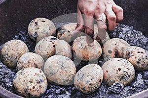 Image of India famous dish dal, bati, woman`s hand resting